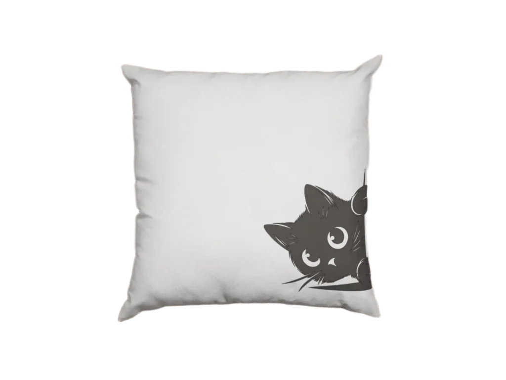 little black cat looking shy on a white pillowcase