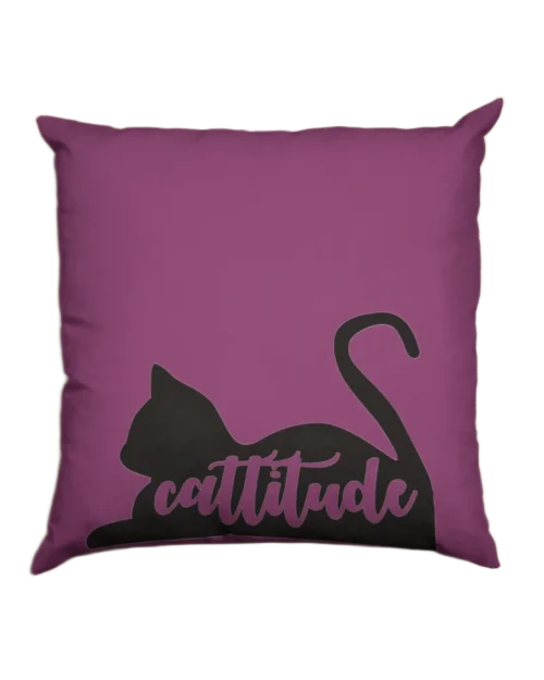 purple pillowcase featuring black cat with cattitude lettering