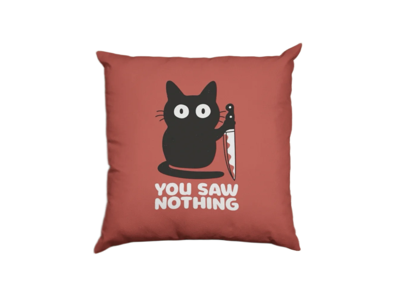 little cat holding bloody knife with lettering you saw nothing