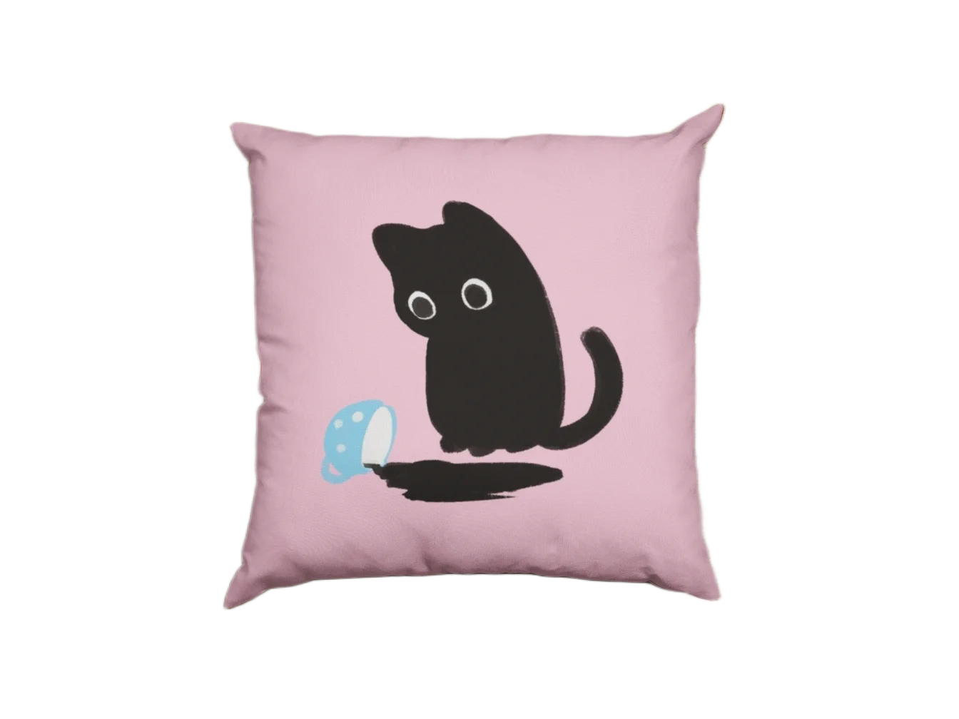 little cat watching coffee fall from a blue cup on a pink pillowcase