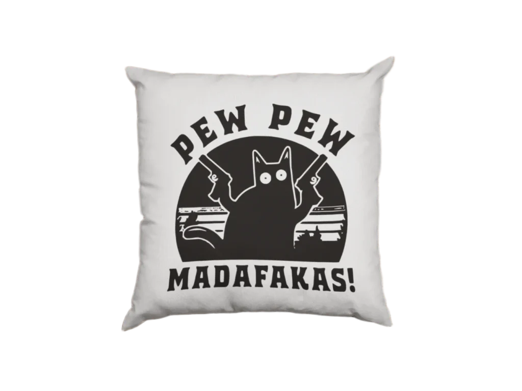 white pillowcase featuring pew pew madafakas printing of a black cat holding guns