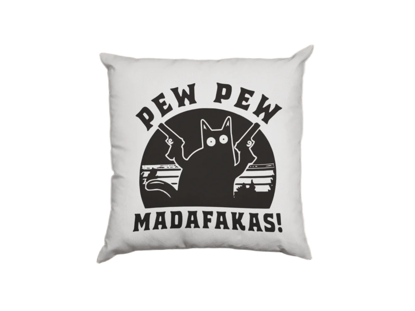 white pillowcase featuring pew pew madafakas printing of a black cat holding guns