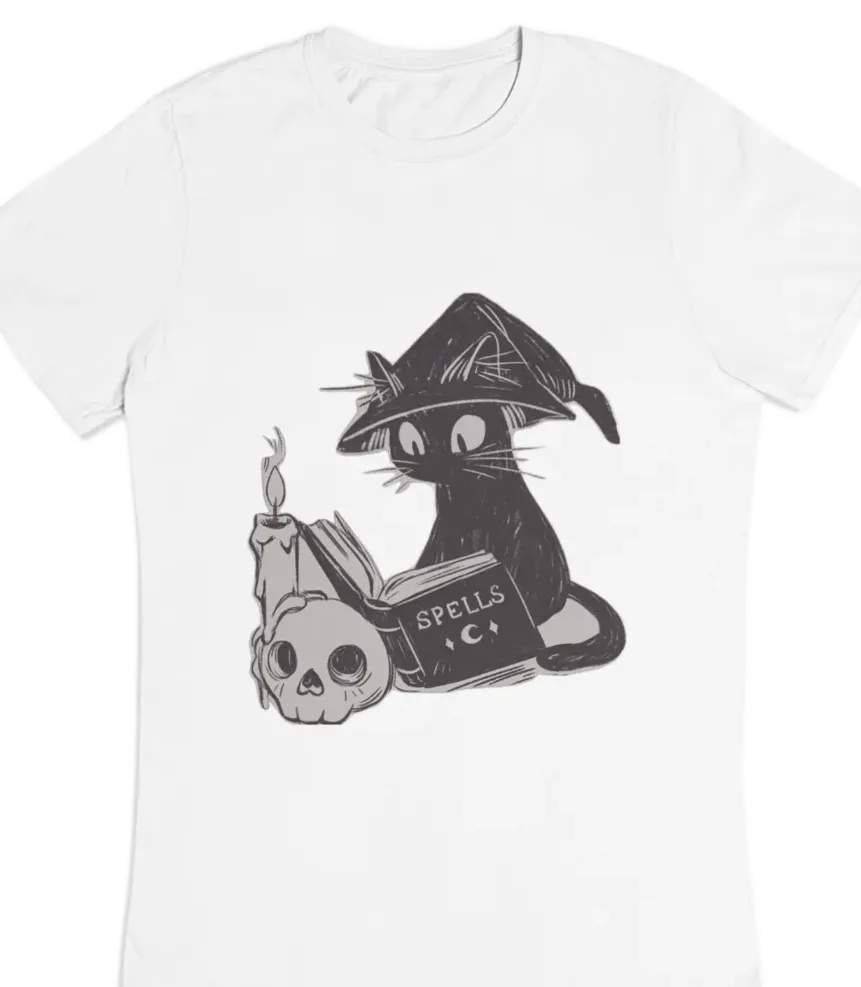 white t-shirt with black cat fun design