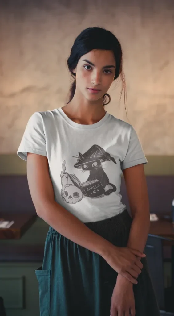 model wearing white t-shirt with black cat fun design