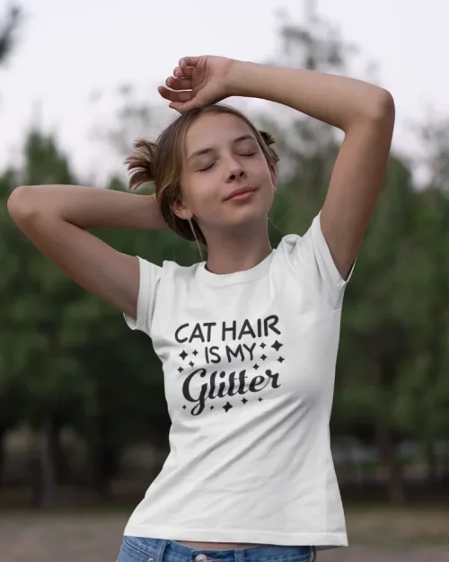 model wearing white t-shirt with black cat fun design