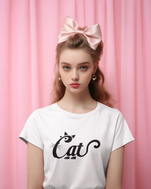 model wearing white t-shirt with black cat fun design
