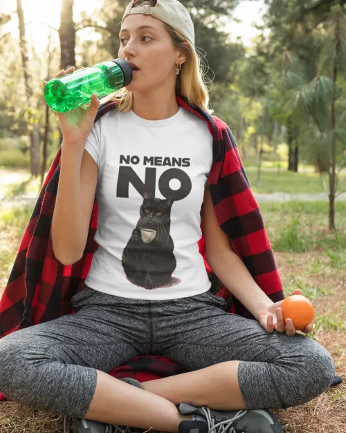model wearing white t-shirt with black cat fun design no