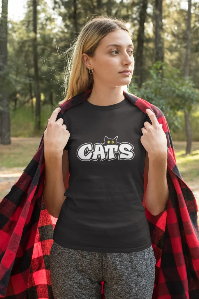 model wearing black t-shirt with black cat fun design