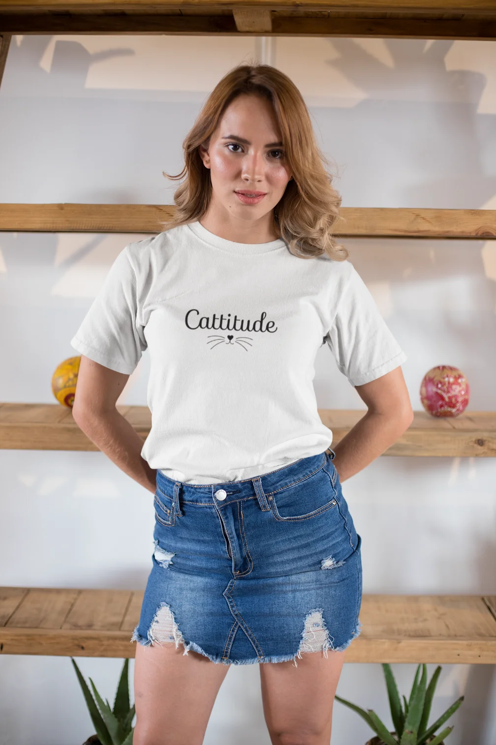 model wearing white cattitude t-shirt
