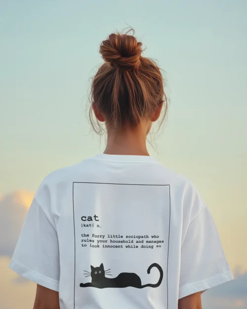 model wearing white t-shirt with black cat fun design