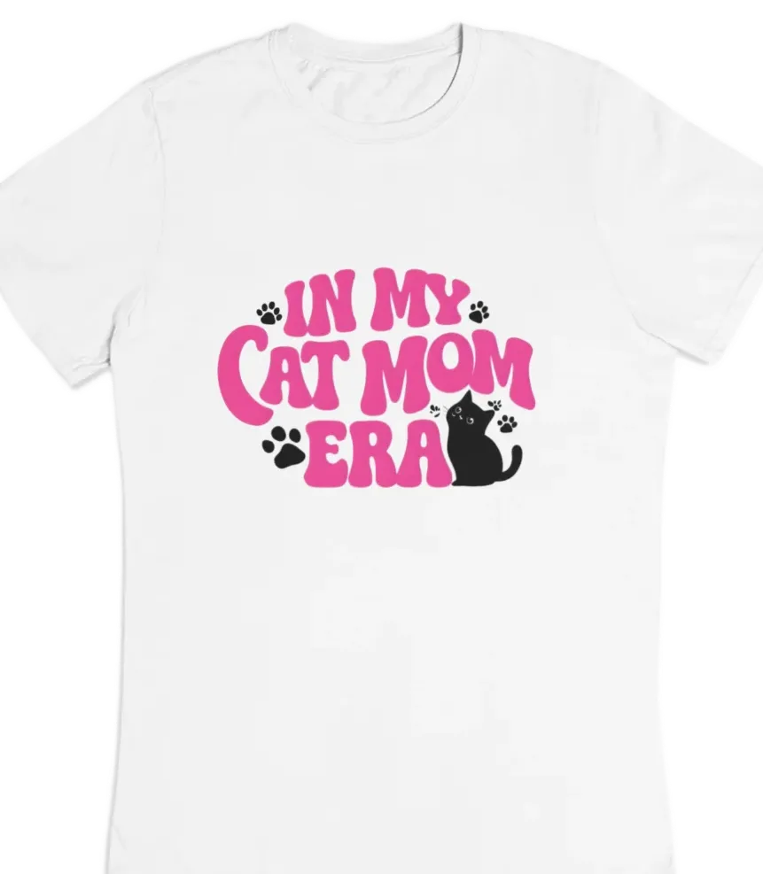 white t-shirt with pink letters with cat fun design