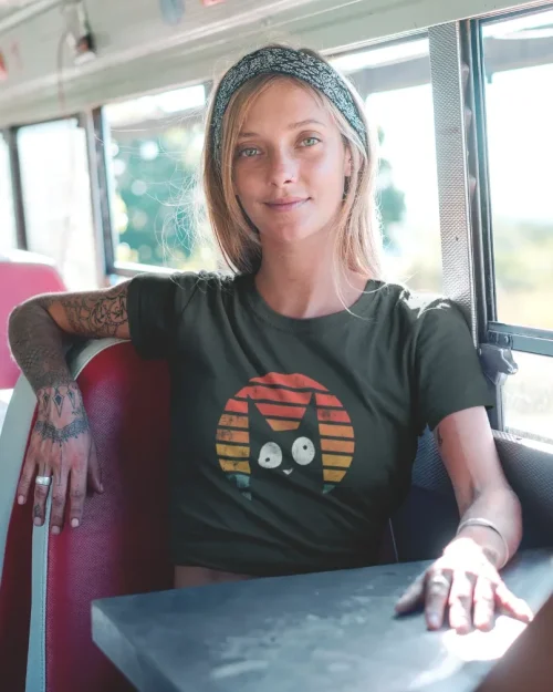 model wearing black t-shirt with black cat fun design