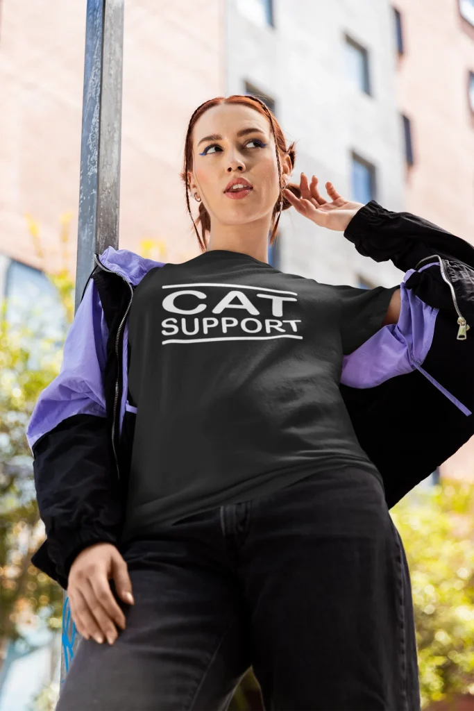 model wearing black t-shirt with black cat fun design