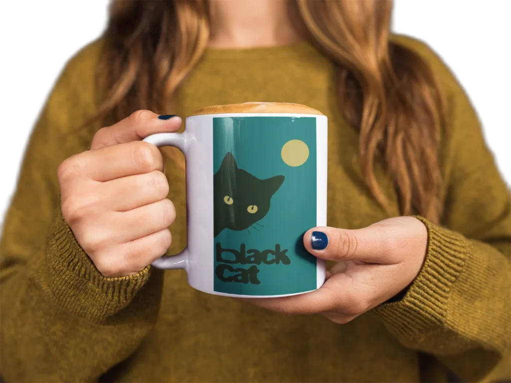 model holding white ceramic mug with void cat design