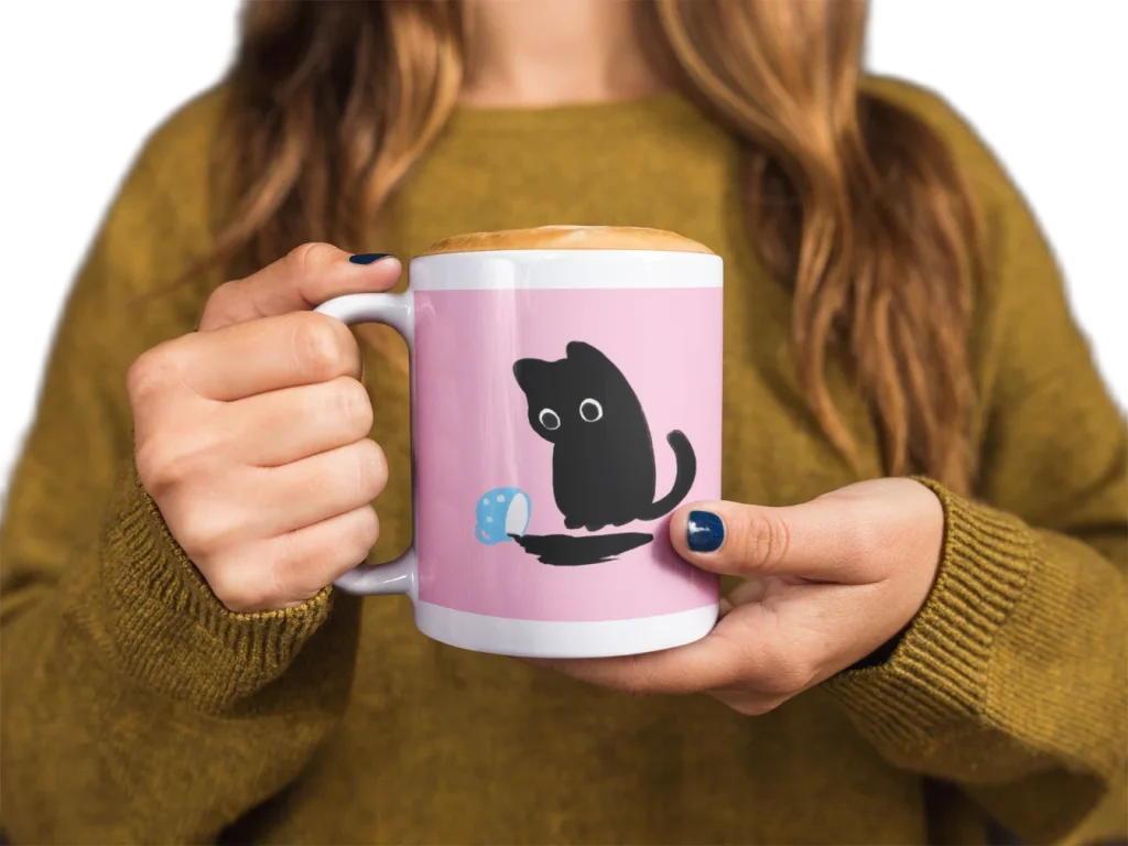model holding white ceramic mug with void cat design