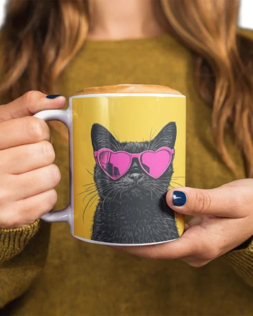 model holding white ceramic mug with void cat design