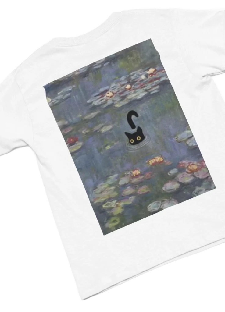 model wearing white t-shirt with black cat fun design