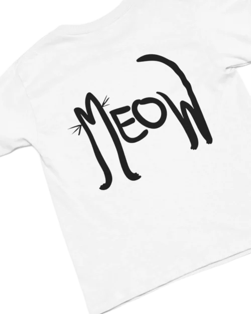 meow white t-shirt with black cat fun design