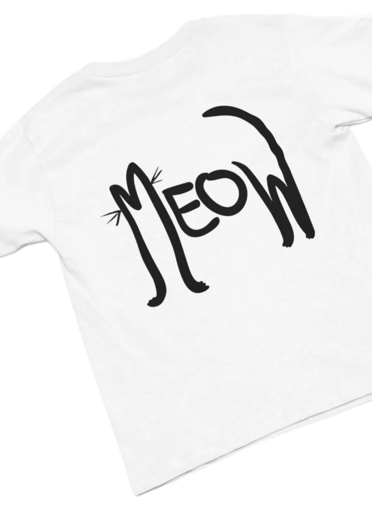meow white t-shirt with black cat fun design